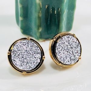 Womens Earrings Stud Silver Gold Round Drusy Stone
